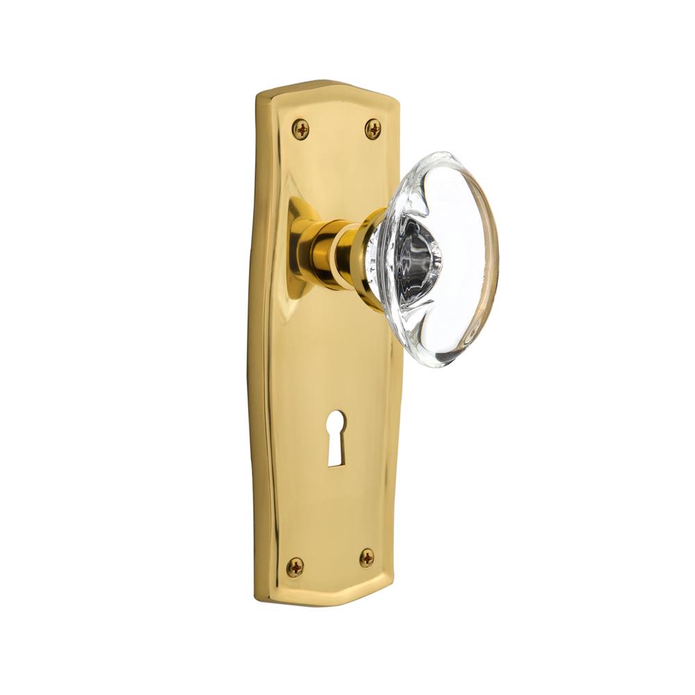 Nostalgic Warehouse PRAOCC Passage Knob Prairie Plate with Oval Clear Crystal Knob with Keyhole in Polished Brass